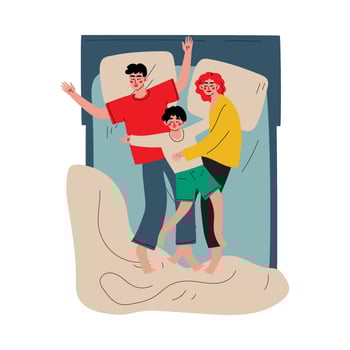 Mother, Father and Son Sleeping Together in Bed, Happy Family, Husband, Wife and Kid Embracing Each Other and Slumbering at Night View From Above Illustration vector