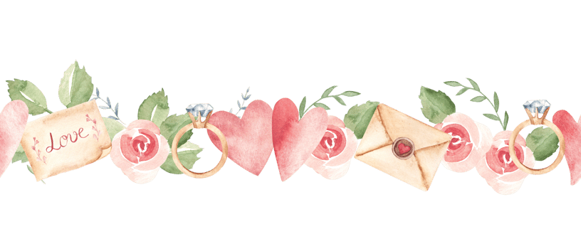 Valentine's, Wedding Horizontal Watercolor Seamless Border Pattern with craft Envelopes, vintage Letters, pink Hearts and Roses and Diamond Engagement Ring. Watercolor hand drawn illustration. png