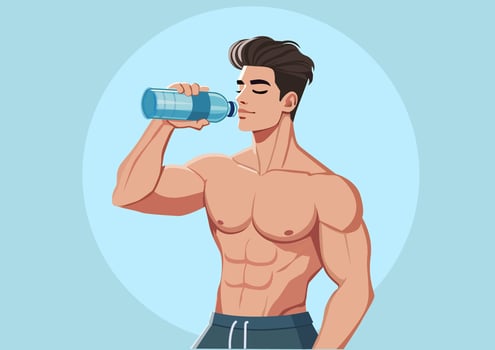 illustration. Muscular man drinks water in a bottle, refreshing body. vector