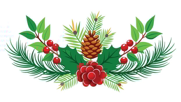 Snowberries with green twigs of Christmas tree, red decorations and cones in a holiday waved garland isolated on white vector