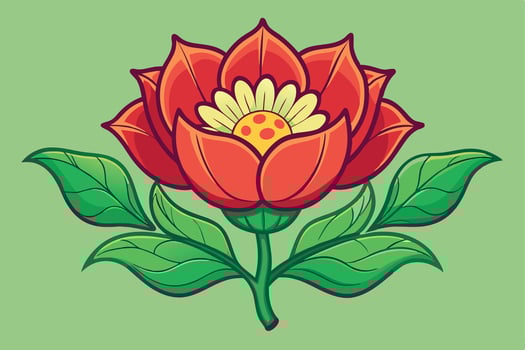 Vibrant Red Flower with Green Leaves, Nature Illustration. vector