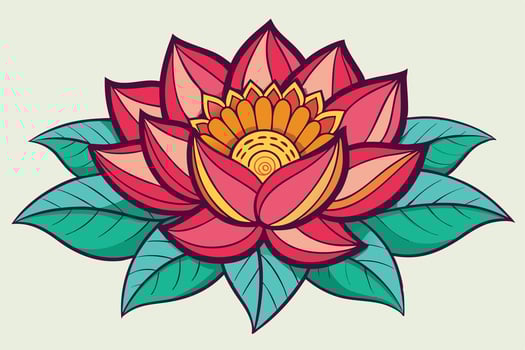 Vibrant Red Lotus Flower with Teal Leaves Artistic Design. vector