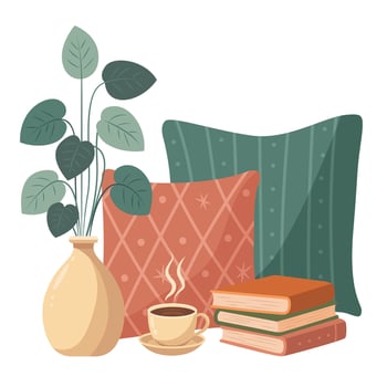 Illustration with pillows, books, room furniture and a cup of coffee. Concept of home comfort and tranquility. vector