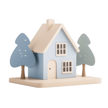 A charming miniature house surrounded by stylized trees, perfect for decor. png