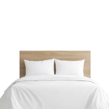 A cozy bedroom setup featuring a clean white bed and wooden headboard. png
