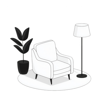 A modern white chair alongside a plant and lamp in a minimalist setting. png