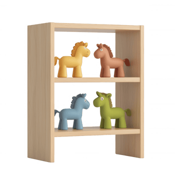 A wooden shelf displaying colorful horse figurines, perfect for children's rooms. png