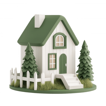Charming green and white house surrounded by trees and a fence. png