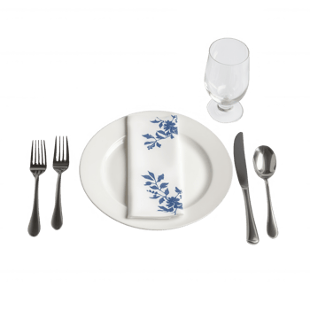 Elegant dining set with blue floral design, plate, napkin, cutlery, and glass. png