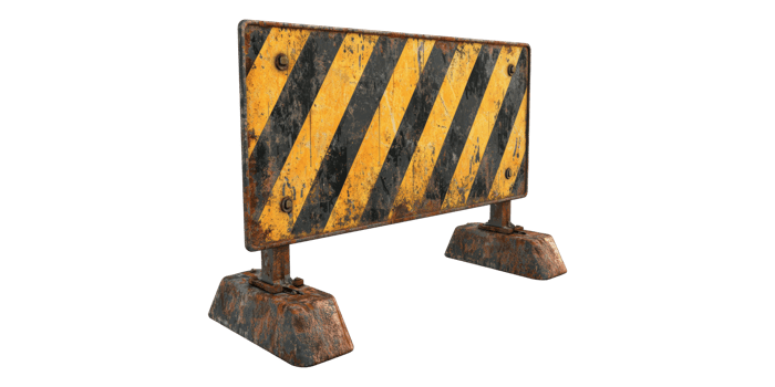 Weathered construction barricade with yellow and black stripes isolated on transparent background png