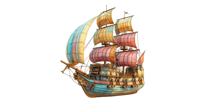 Vintage sailing ship with colorful sails isolated on transparent background png