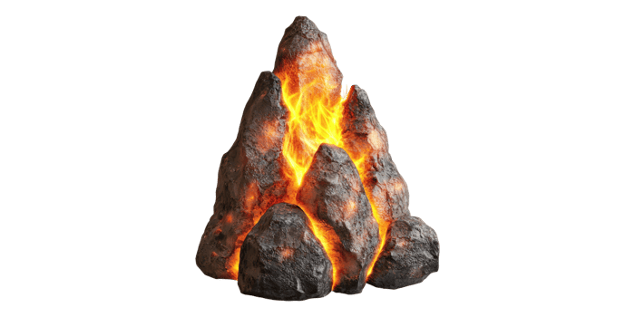 Volcanic rock formation with fiery lava isolated on transparent background png