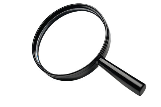 A high-quality image of a black magnifying glass isolated on a transparent background. perfect for themes of search, discovery, and attention to detail. png