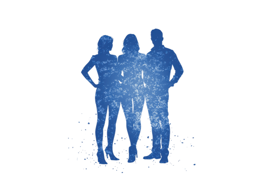 Abstract illustration of three human figures in blue silhouette, representing unity and community against a textured background. png