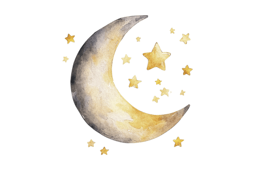 A whimsical watercolor illustration of a crescent moon surrounded by sparkling stars against a transparent background. evoking a sense of mystery and wonder. png