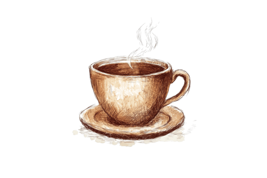 Artistic watercolor of a steaming coffee cup on a saucer, capturing warmth and coziness, perfect for morning beverage-themed designs. png