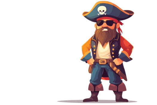 Cartoon pirate character with a hat and beard standing confidently, wearing sunglasses and traditional pirate outfit on a transparent background. png
