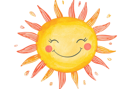 Cheerful hand-drawn sun illustration with a smiling face and vibrant rays, ideal for summer themes, children's art, and playful designs. png