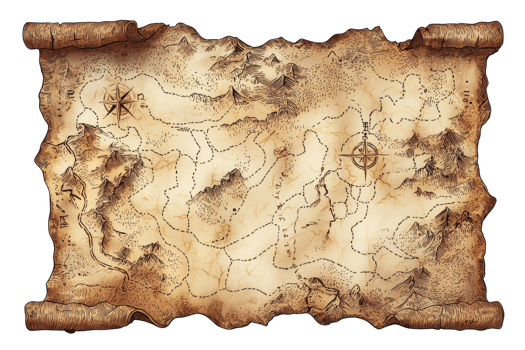 Antique treasure map on parchment with compass rose, mountains, rivers, and paths, evoking adventure and mystery. png