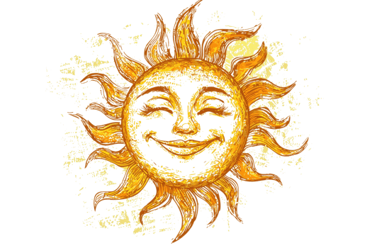 Artistic depiction of a cheerful sun with a smiling face and vibrant rays, set against a textured background, symbolizing warmth and vitality. png