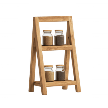Stylish wooden shelf displaying jars of various grains and spices in a modern kitchen. png