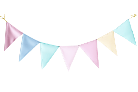 Colorful pastel bunting pennant flags hanging on string, perfect for party decoration or festive celebration backgrounds. png