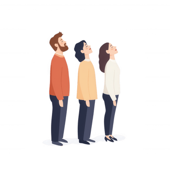 Three diverse individuals looking upwards with hopeful expressions in a casual setting. png