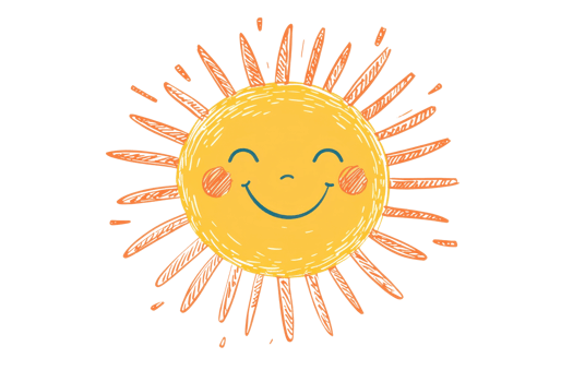 Cute sun illustration with a smiling face, cheerful orange rays, and rosy cheeks, perfect for children's design and sunny-themed projects. png