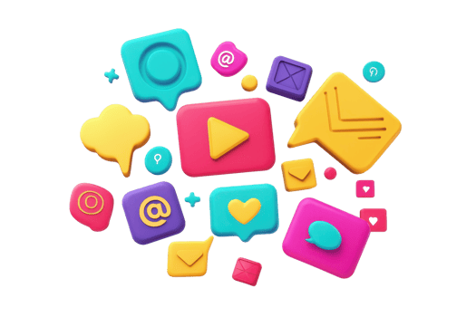 Colorful 3D social media icons and symbols floating over a transparent background. representing digital communication and connectivity. png