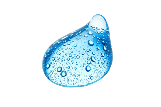 Close-up of a refreshing blue water droplet with captivating light reflections and scattered bubbles, isolated on a clean background. png