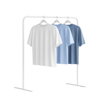 Three t-shirts hanging on a rack in varying shades of blue and white. png