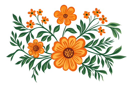 Colorful illustration of orange flowers with green leaves, perfect for nature-themed designs, backgrounds, and artistic projects. png