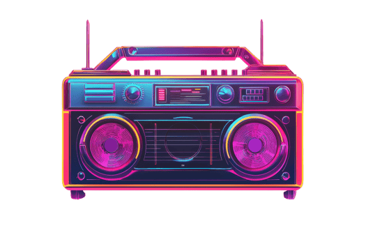 Colorful retro boombox with neon lights, capturing 80s nostalgia and vibrant music culture. Perfect for vintage and musical themes. png