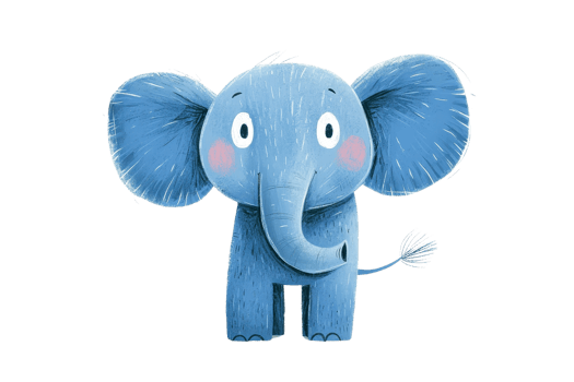 Cute blue cartoon elephant with large ears, standing happily against a transparent background. perfect for children's illustrations and designs. png