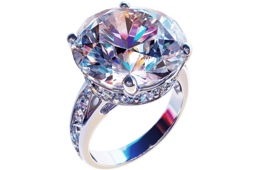 Elegant diamond ring with brilliant cut gemstone, reflecting colorful light. Perfect representation of luxury and sophistication. png