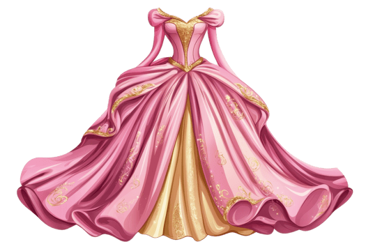 Elegant pink princess gown with intricate gold accents, showcasing luxurious fabric and design against a plain backdrop for royalty theme. png