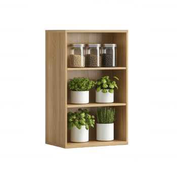 Wooden shelf filled with various plants and jars, adding a touch of greenery to any space. png