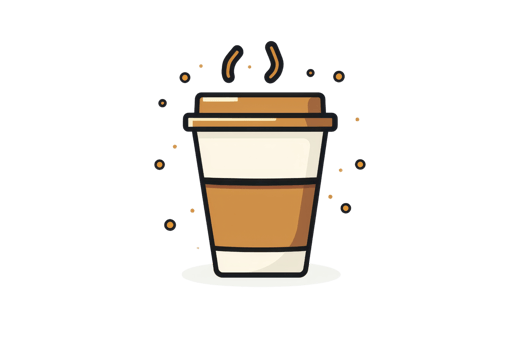 Illustrated coffee to-go cup with steam and decorative sparks, representing fresh brew and warmth. Perfect for cafe-themed projects. png