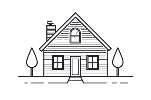 Illustration of a classic wooden house with a chimney and two trees, symbolizing home architecture and traditional residential design. png