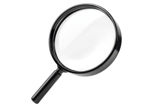 High-quality image of a magnifying glass with a black handle and clear lens, symbolizing search, focus, and investigation concepts. png