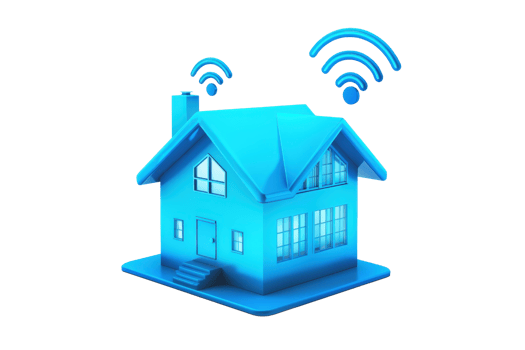 Illustration of a smart home with Wi-Fi signals, symbolizing modern technology and connectivity in residential living. png