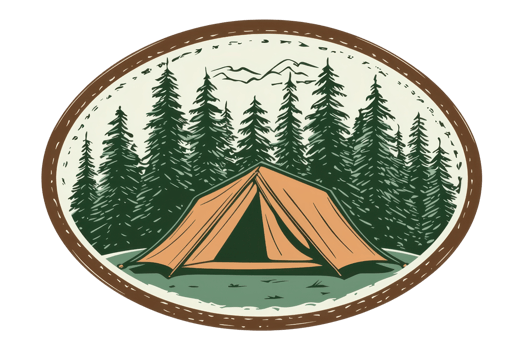 Illustration of a camping scene with a brown tent among pine trees and mountains, set within an oval border. png