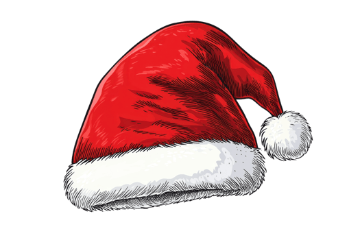 Illustration of a classic red Santa hat with a fluffy white trim, symbolizing festive holiday spirit and Christmas cheer. png