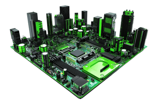 Futuristic green circuit board cityscape blending technology and urban architecture, representing innovation and digital infrastructure. png
