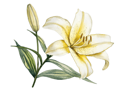 Elegant vintage illustration of a yellow lily flower with detailed petals and green leaves, capturing natural beauty and delicate design. png