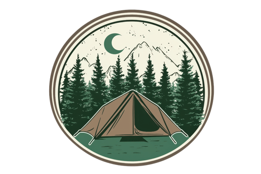 Illustration of a campsite at night, featuring a tent under the stars and moon, surrounded by pine trees and mountains in a circular emblem. png