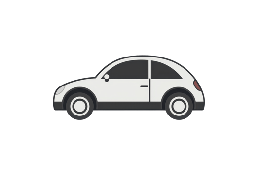 Simple cartoon illustration of a compact car, side view, with black and white detailing, ideal for automotive themed projects. png