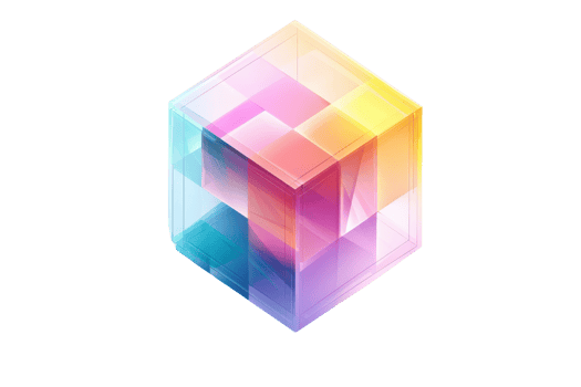 Vibrant, multicolored 3D cube with geometric patterns and gradients, illustrating modern abstract art and digital design concepts. png
