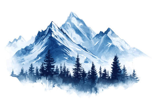 Majestic watercolor mountains with pine trees evoke serenity and nature's beauty, perfect for inspiring landscapes and peaceful environments. png