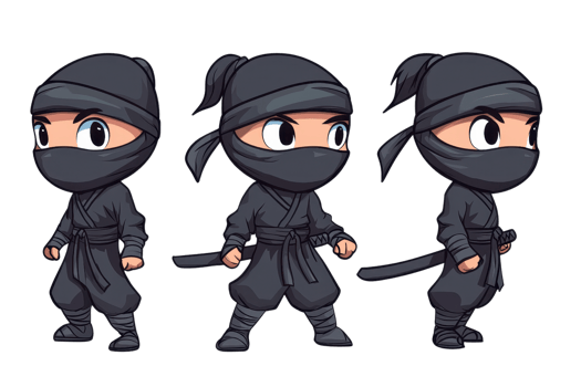 Three cartoon ninjas in different poses showing stealth and agility, wearing traditional black attire. png